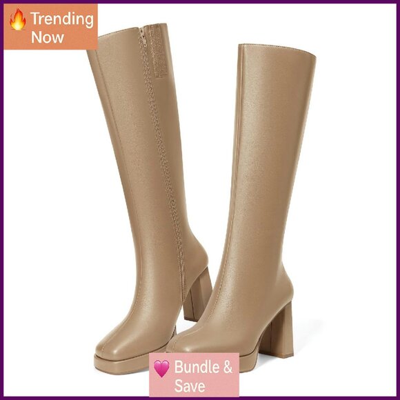 Knee High Platform Boots Chunky Heel Square Toe Side Zipper